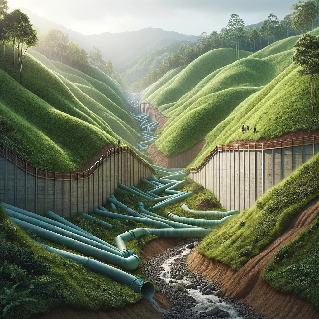 A lush hillside with a newly constructed cement retaining wall and visible drainage system, designed to prevent landslides. The scene includes green vegetation and channels directing water away from the slope.