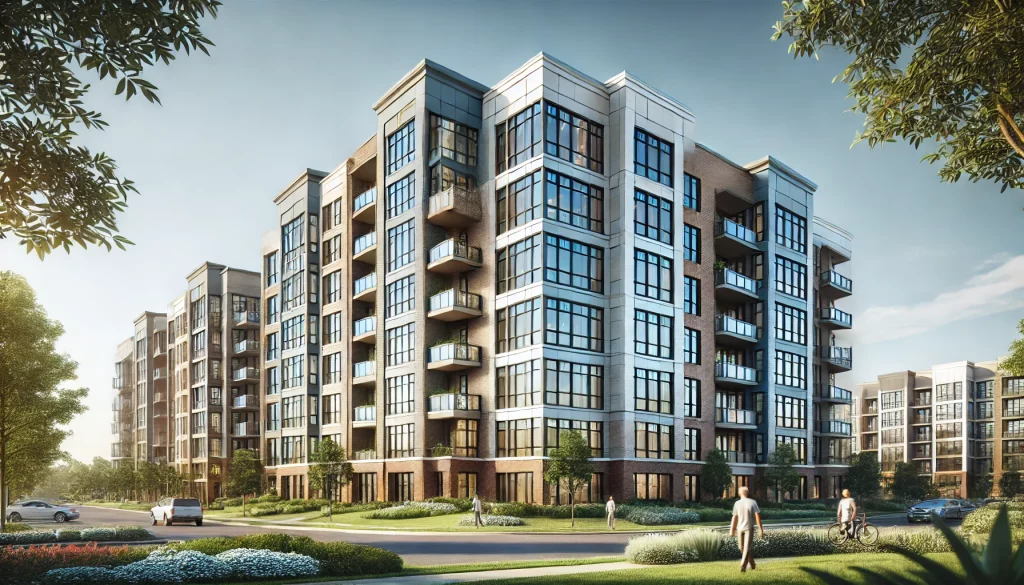 apartment building in Indianapolis with brick and glass facades, surrounded by lush greenery and clear skies