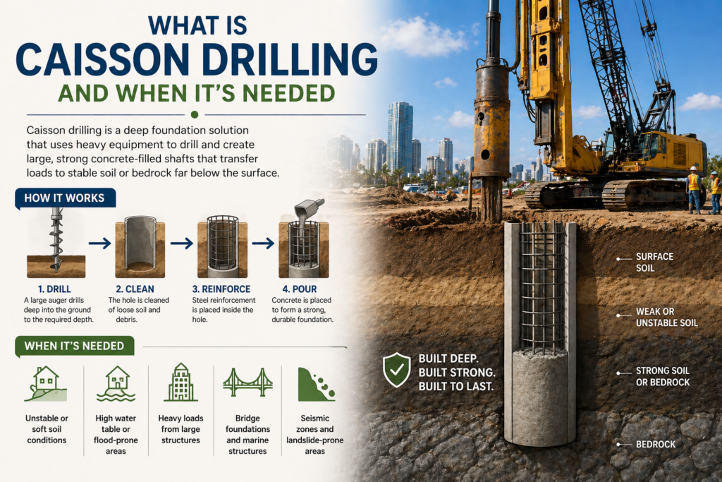Caisson drilling a deep foundation solution