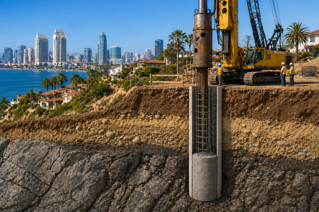 Coastal construction site with drilled foundation