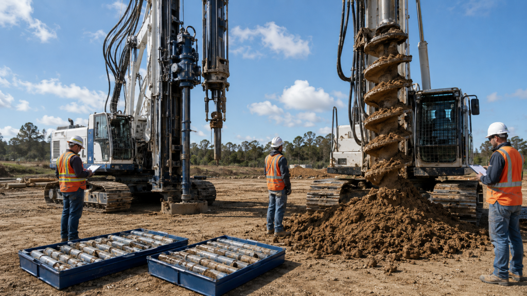 Industrial drilling and soil sampling scene