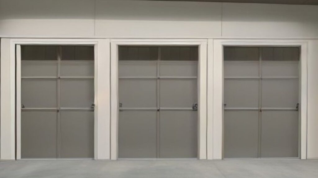 Three modern framed garage doors in a bright empty showroom specification lineup